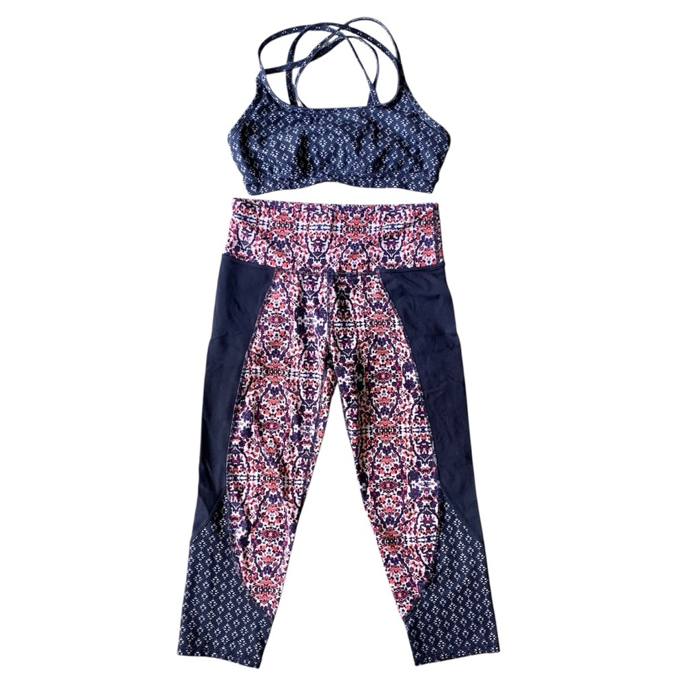 Set of Athleta Indigo Shores Chaturanga Capri Leggings and Sports Bra Sz S